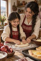 Tamara teaching Sofiko to shape dough
